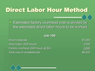 Direct Labor Hour Method
 Estimated factory overhead cost is divided by
the estimated direct labor hours to be worked.
Jo...