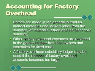 Accounting for Factory
Overhead
 Entries are made in the general journal for
indirect materials and indirect labor from t...