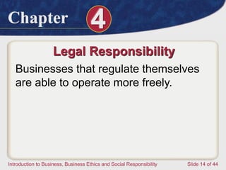 Chapter 4
Introduction to Business, Business Ethics and Social Responsibility Slide 14 of 44
Legal Responsibility
Businesses that regulate themselves
are able to operate more freely.
 