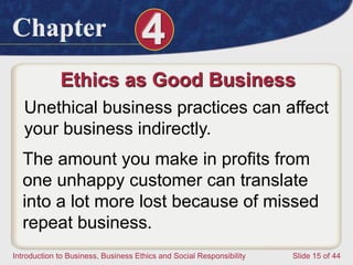 Chapter 4
Introduction to Business, Business Ethics and Social Responsibility Slide 15 of 44
Ethics as Good Business
Unethical business practices can affect
your business indirectly.
The amount you make in profits from
one unhappy customer can translate
into a lot more lost because of missed
repeat business.
 