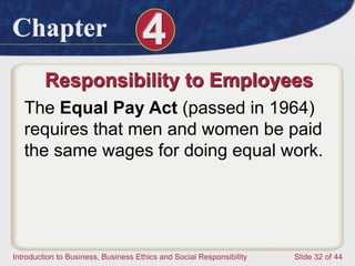 Chapter 4
Introduction to Business, Business Ethics and Social Responsibility Slide 32 of 44
Responsibility to Employees
The Equal Pay Act (passed in 1964)
requires that men and women be paid
the same wages for doing equal work.
 