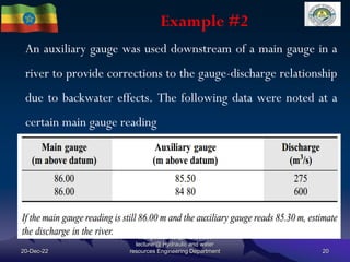 Example #2
An auxiliary gauge was used downstream of a main gauge in a
river to provide corrections to the gauge-discharge relationship
due to backwater effects. The following data were noted at a
certain main gauge reading
20-Dec-22
mengistuzantet@mtu.edu.et
lecturer@ Hydraulic and water
resources Engineering Department 20
 