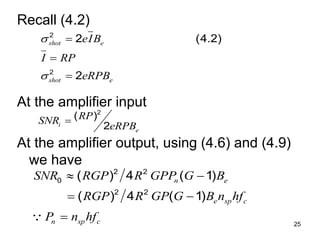 25
Recall (4.2)
At the amplifier input
At the amplifier output, using (4.6) and (4.9)
we have
2
2
2 (4.2)
2
shot e
shot e
eIB
I RP
eRPB





2
( )
2
i
e
RP
SNR
eRPB

2 2
0
2 2
( ) 4 ( 1)
( ) 4 ( 1)
n e
e sp c
n sp c
SNR RGP R GPP G B
RGP R GP G B n hf
P n hf
 
 

 