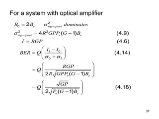 37
For a system with optical amplifier
2
0
2 2
1 0
0 1
2
4 ( 1) (4.9)
(4.6)
(4.14)
2 ( 1)
(4.18)
2 ( 1)
e sig spont
sig spont n e
n e
n e
B B dominates
R GPP G B
RGP
I I
BER Q
RGP
Q
R GPP G B
GP
Q
P G B


 



 

 

  

 
 
  
 

 
 
  
 

 
Ｉ
 