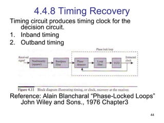 44
4.4.8 Timing Recovery
Timing circuit produces timing clock for the
decision circuit.
1. Inband timing
2. Outband timing
Reference: Alain Blancharal “Phase-Locked Loops”
John Wiley and Sons., 1976 Chapter3
 