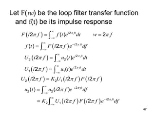 47
Let F(iw) be the loop filter transfer function
and f(t) be its impulse response
 
 
 
 
     
   
2
2
2
2 2
2
1 1
2 2 1
2
2 2
2
2 1
2 ( ) 2
( ) 2
2 ( )
2 ( )
2 2 2
( ) ( 2 )
2 2
i ft
i ft
i ft
i ft
i ft
i ft
F i f f t e dt w f
f t F i f e df
U i f u t e dt
U i f u t e dt
U i f K U i f F i f
u t u i f e df
K U i f F i f e df






 



  

 















 












 