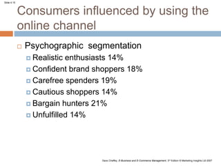 Slide 4.15
Dave Chaffey, E-Business and E-Commerce Management, 3rd Edition © Marketing Insights Ltd 2007
Consumers influenced by using the
online channel
 Psychographic segmentation
 Realistic enthusiasts 14%
 Confident brand shoppers 18%
 Carefree spenders 19%
 Cautious shoppers 14%
 Bargain hunters 21%
 Unfulfilled 14%
 
