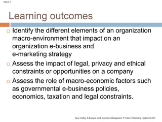 Slide 4.2
Dave Chaffey, E-Business and E-Commerce Management, 3rd Edition © Marketing Insights Ltd 2007
Learning outcomes
 Identify the different elements of an organization
macro-environment that impact on an
organization e-business and
e-marketing strategy
 Assess the impact of legal, privacy and ethical
constraints or opportunities on a company
 Assess the role of macro-economic factors such
as governmental e-business policies,
economics, taxation and legal constraints.
 
