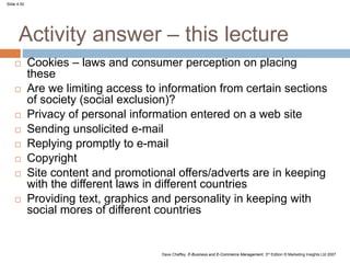 Slide 4.50
Dave Chaffey, E-Business and E-Commerce Management, 3rd Edition © Marketing Insights Ltd 2007
Activity answer – this lecture
 Cookies – laws and consumer perception on placing
these
 Are we limiting access to information from certain sections
of society (social exclusion)?
 Privacy of personal information entered on a web site
 Sending unsolicited e-mail
 Replying promptly to e-mail
 Copyright
 Site content and promotional offers/adverts are in keeping
with the different laws in different countries
 Providing text, graphics and personality in keeping with
social mores of different countries
 