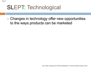 Slide 4.9
Dave Chaffey, E-Business and E-Commerce Management, 3rd Edition © Marketing Insights Ltd 2007
SLEPT: Technological
 Changes in technology offer new opportunities
to the ways products can be marketed
 