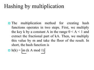 Hashing by multiplication
 The multiplication method for creating hash
functions operates in two steps. First, we multiply
the key k by a constant A in the range 0 < A < 1 and
extract the fractional part of kA. Then, we multiply
this value by m and take the floor of the result. In
short, the hash function is
 h(k) = m (k A mod 1)
 