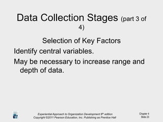 Chapter 4
Slide 23
Data Collection Stages (part 3 of
4)
Selection of Key Factors
Identify central variables.
May be necessary to increase range and
depth of data.
Experiential Approach to Organization Development 8th edition
Copyright ©2011 Pearson Education, Inc. Publishing as Prentice Hall
 