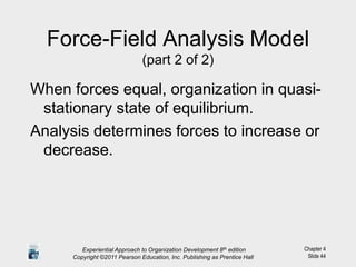 Chapter 4
Slide 44
Force-Field Analysis Model
(part 2 of 2)
When forces equal, organization in quasi-
stationary state of equilibrium.
Analysis determines forces to increase or
decrease.
Experiential Approach to Organization Development 8th edition
Copyright ©2011 Pearson Education, Inc. Publishing as Prentice Hall
 