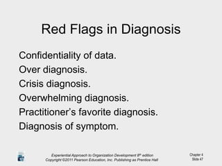 Chapter 4
Slide 47
Red Flags in Diagnosis
Confidentiality of data.
Over diagnosis.
Crisis diagnosis.
Overwhelming diagnosis.
Practitioner’s favorite diagnosis.
Diagnosis of symptom.
Experiential Approach to Organization Development 8th edition
Copyright ©2011 Pearson Education, Inc. Publishing as Prentice Hall
 