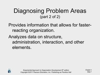 Chapter 4
Slide 7
Diagnosing Problem Areas
(part 2 of 2)
Provides information that allows for faster-
reacting organization.
Analyzes data on structure,
administration, interaction, and other
elements.
Experiential Approach to Organization Development 8th edition
Copyright ©2011 Pearson Education, Inc. Publishing as Prentice Hall
 