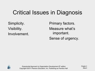 Chapter 4
Slide 9
Critical Issues in Diagnosis
Simplicity.
Visibility.
Involvement.
Primary factors.
Measure what’s
important.
Sense of urgency.
Experiential Approach to Organization Development 8th edition
Copyright ©2011 Pearson Education, Inc. Publishing as Prentice Hall
 