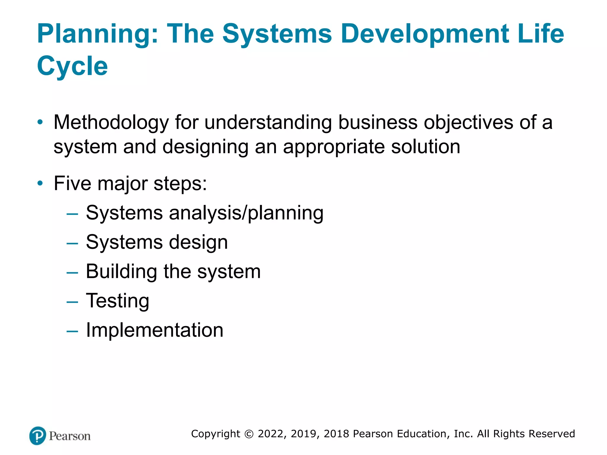 Copyright © 2022, 2019, 2018 Pearson Education, Inc. All Rights Reserved
Planning: The Systems Development Life
Cycle
• Methodology for understanding business objectives of a
system and designing an appropriate solution
• Five major steps:
– Systems analysis/planning
– Systems design
– Building the system
– Testing
– Implementation
 