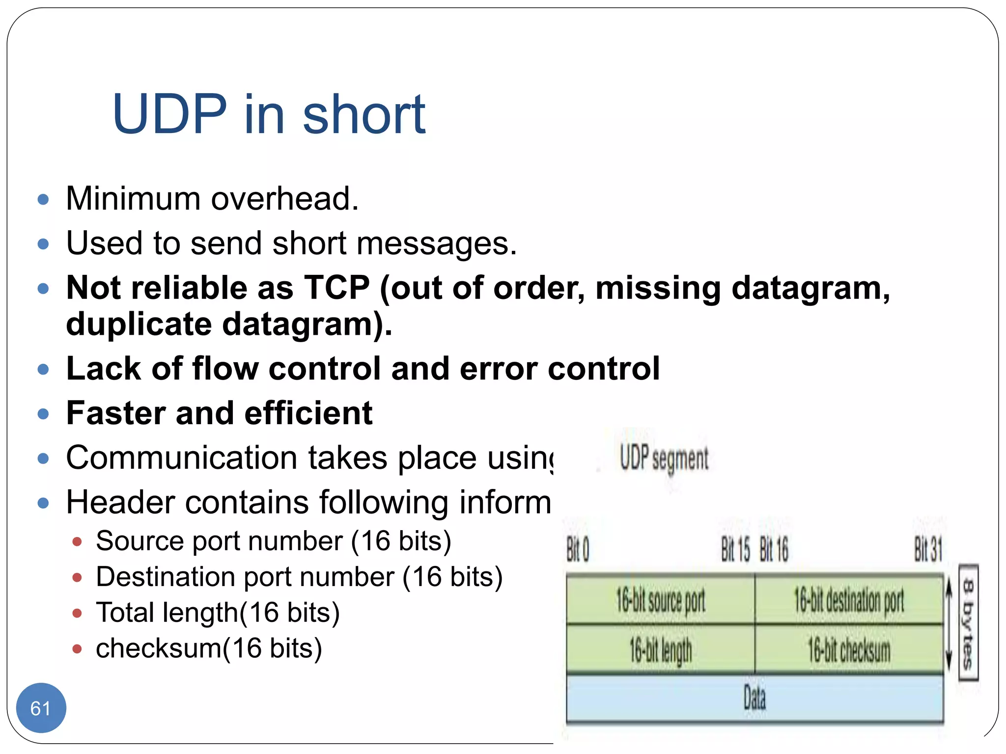 UDP in short
61
 Minimum overhead.
 Used to send short messages.
 Not reliable as TCP (out of order, missing datagram,
duplicate datagram).
 Lack of flow control and error control
 Faster and efficient
 Communication takes place using ports.
 Header contains following information:
 Source port number (16 bits)
 Destination port number (16 bits)
 Total length(16 bits)
 checksum(16 bits)
 