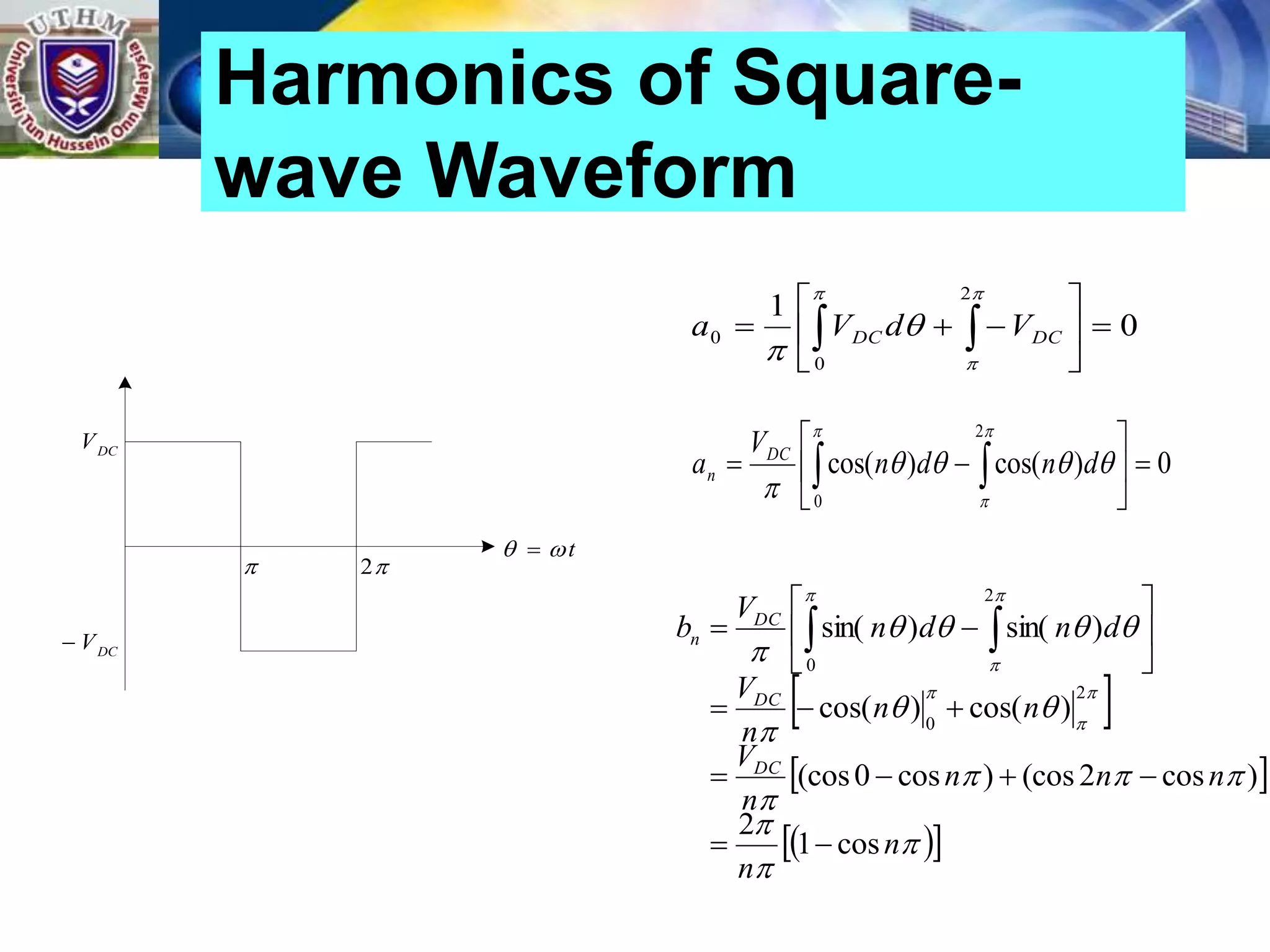 Harmonics of Square-
wave Waveform

2

t

 
DC
V
DC
V

0
1
0
2
0 








  
 


 DC
DC V
d
V
a
0
)
cos(
)
cos(
0
2








  
 






d
n
d
n
V
a DC
n
 
 
 
 


















 

n
n
n
n
n
n
V
n
n
n
V
d
n
d
n
V
b
DC
DC
DC
n
cos
1
2
)
cos
2
(cos
)
cos
0
(cos
)
cos(
)
cos(
)
sin(
)
sin(
2
0
0
2
















  
 
