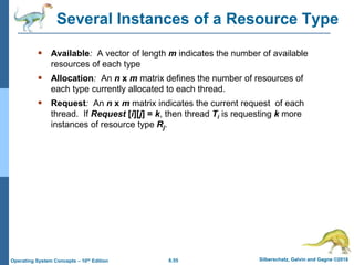 6.55 Silberschatz, Galvin and Gagne ©2018
Operating System Concepts – 10th Edition
Several Instances of a Resource Type
 Available: A vector of length m indicates the number of available
resources of each type
 Allocation: An n x m matrix defines the number of resources of
each type currently allocated to each thread.
 Request: An n x m matrix indicates the current request of each
thread. If Request [i][j] = k, then thread Ti is requesting k more
instances of resource type Rj.
 