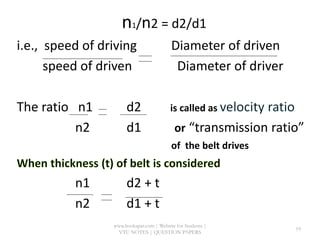 n1/n2 = d2/d1
i.e., speed of driving Diameter of driven
speed of driven Diameter of driver
The ratio n1 d2 is called as
n2 d1 or “transmission ratio”
of the belt drives
n1 d2 + t
n2 d1 + t
www.bookspar.com | Website for Students |
VTU NOTES | QUESTION PAPERS
19
 