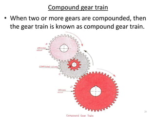 Compound gear train
• When two or more gears are compounded, then
the gear train is known as compound gear train.
www.bookspar.com | Website for Students |
VTU NOTES | QUESTION PAPERS
28
 