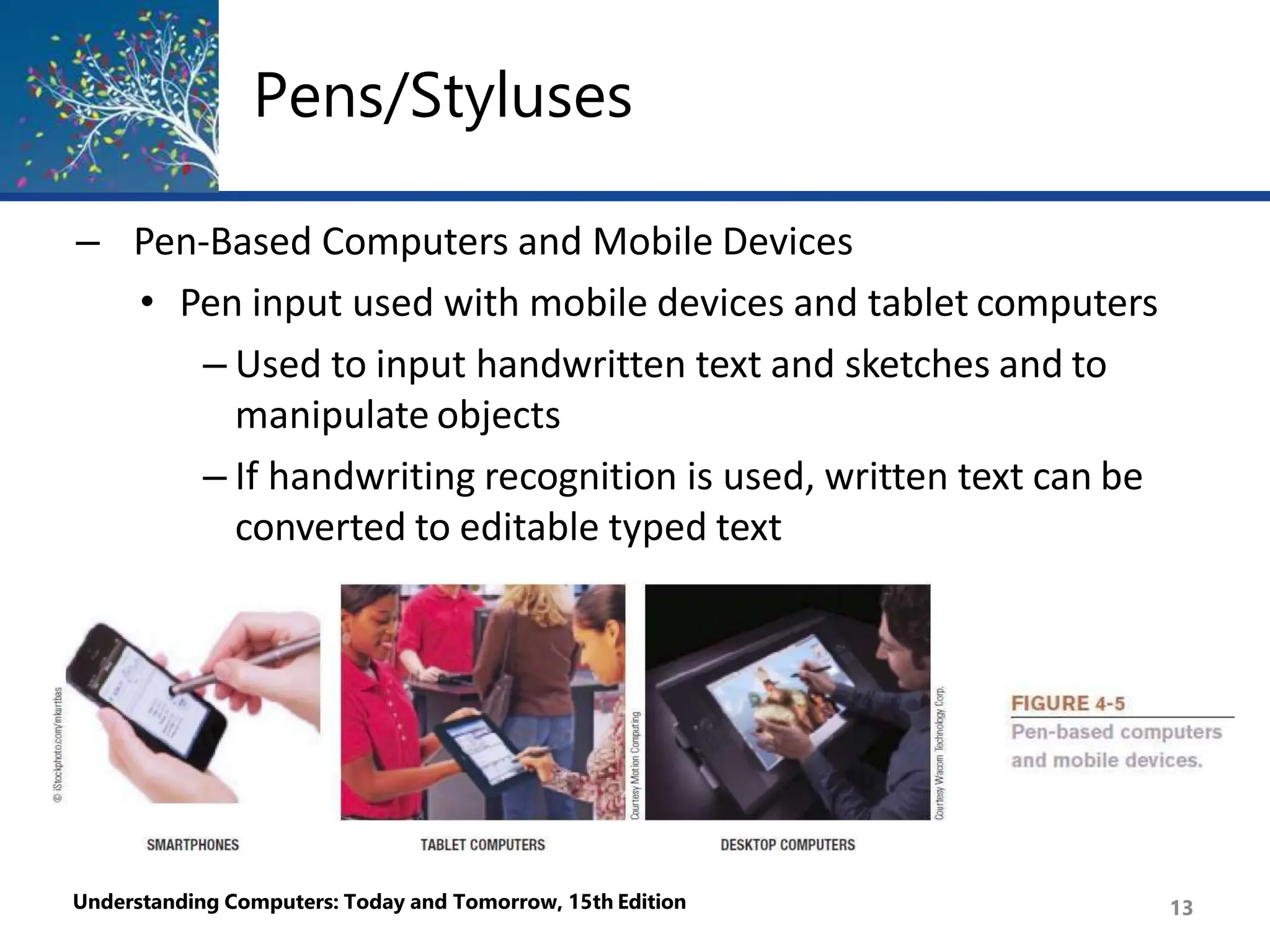 Pens/Styluses
– Pen-Based Computers and Mobile Devices
• Pen input used with mobile devices and tablet computers
– Used to input handwritten text and sketches and to
manipulate objects
– If handwriting recognition is used, written text can be
converted to editable typed text
Understanding Computers: Today and Tomorrow, 15th Edition 13
 