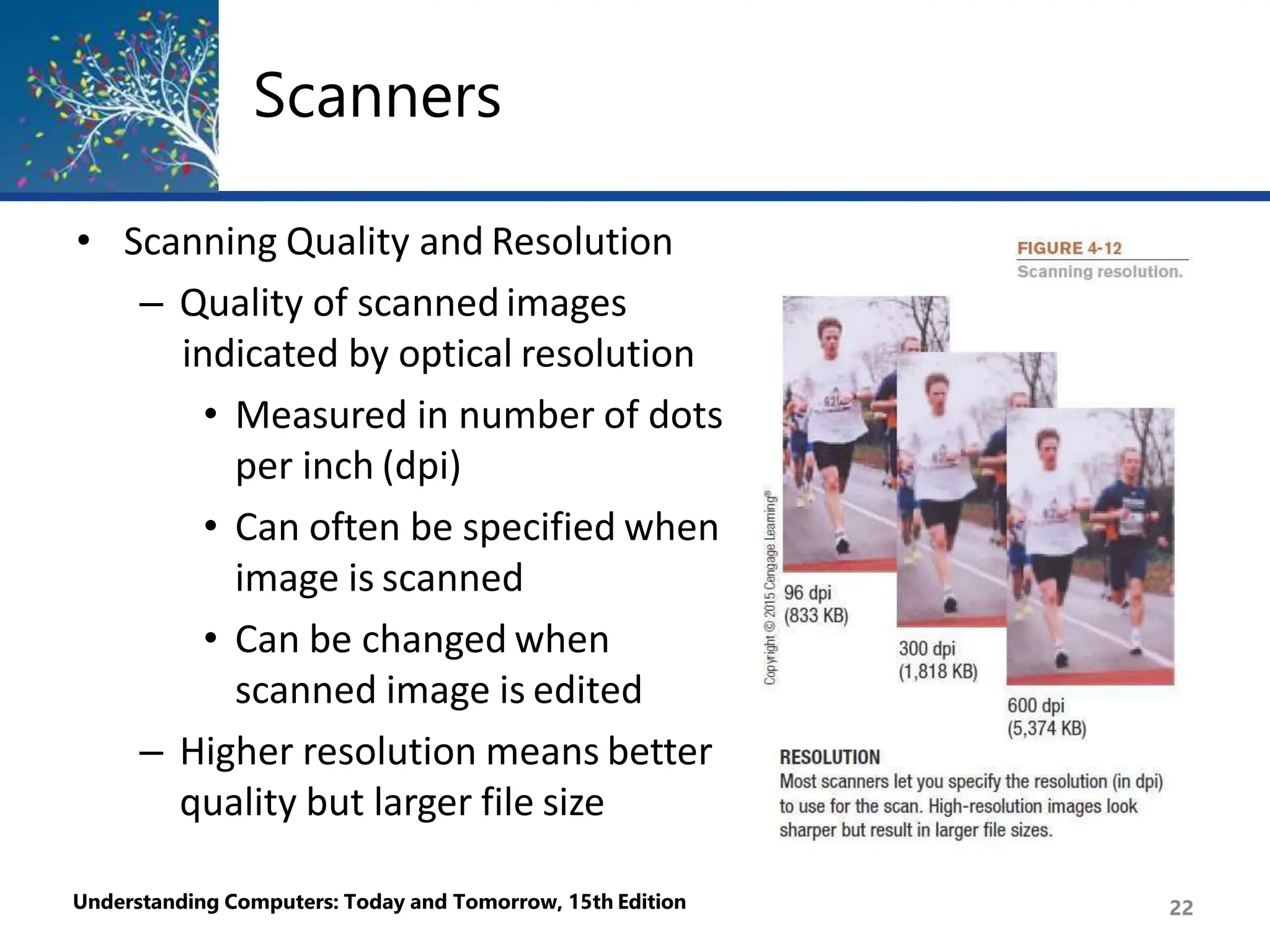 Scanners
• Scanning Quality and Resolution
– Quality of scanned images
indicated by optical resolution
• Measured in number of dots
per inch (dpi)
• Can often be specified when
image is scanned
• Can be changed when
scanned image is edited
– Higher resolution means better
quality but larger file size
Understanding Computers: Today and Tomorrow, 15th Edition 22
 