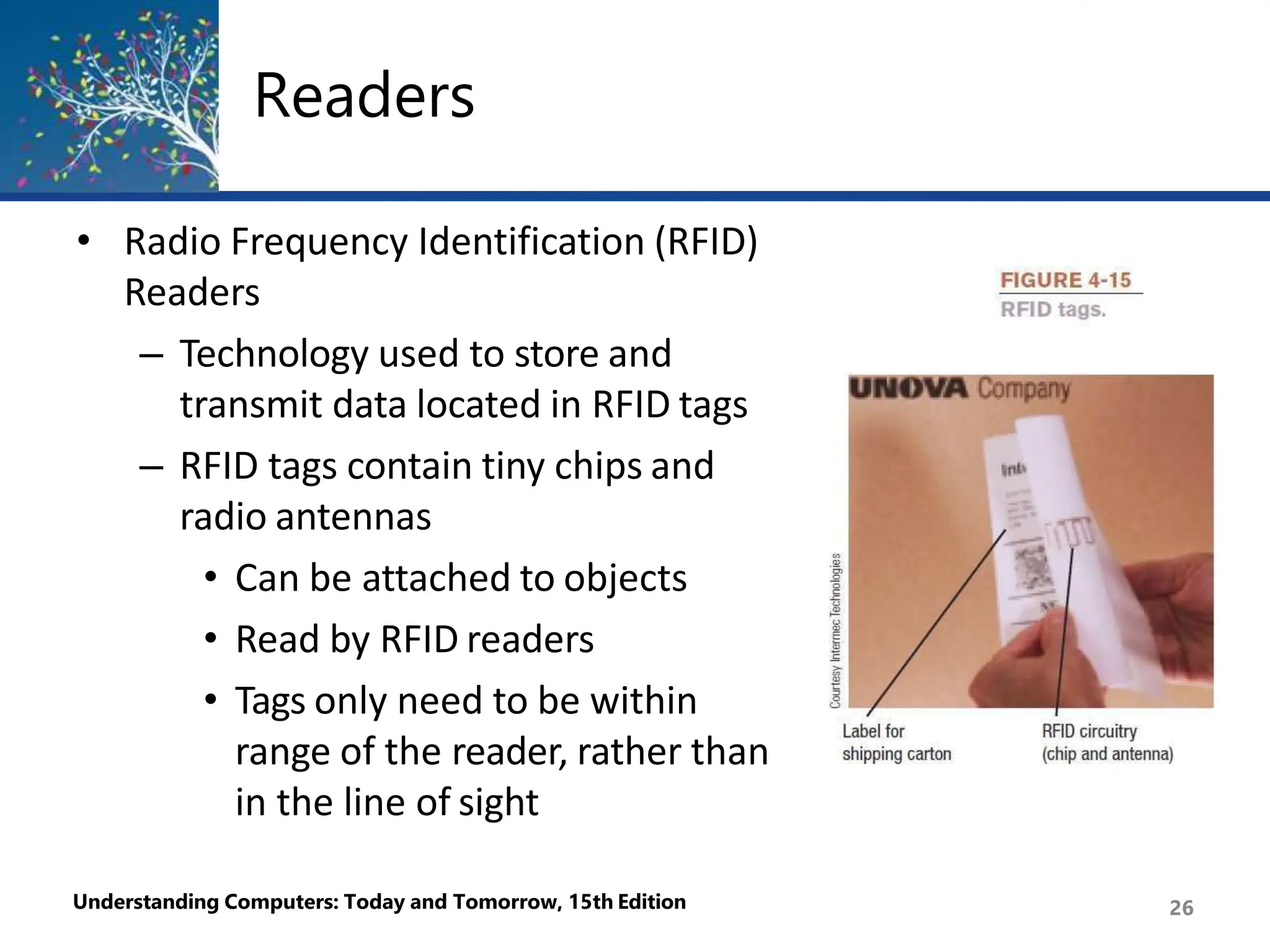 Readers
• Radio Frequency Identification (RFID)
Readers
– Technology used to store and
transmit data located in RFID tags
– RFID tags contain tiny chips and
radio antennas
• Can be attached to objects
• Read by RFID readers
• Tags only need to be within
range of the reader, rather than
in the line of sight
Understanding Computers: Today and Tomorrow, 15th Edition 26
 
