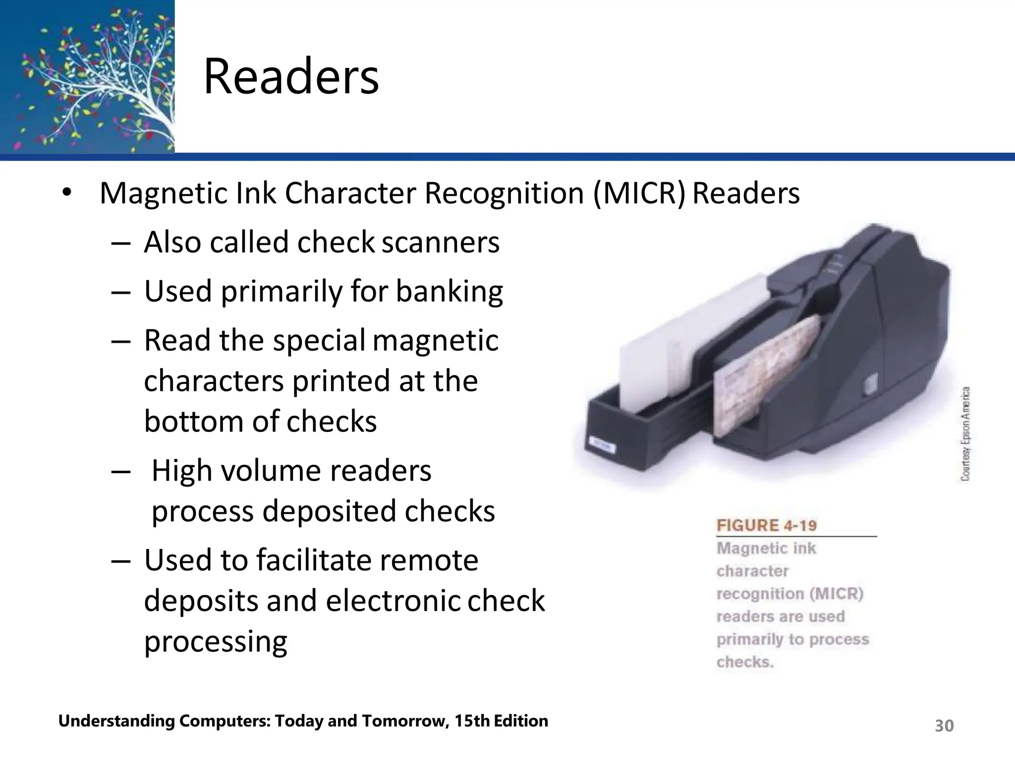 Readers
• Magnetic Ink Character Recognition (MICR)Readers
– Also called check scanners
– Used primarily for banking
– Read the special magnetic
characters printed at the
bottom of checks
– High volume readers
process deposited checks
– Used to facilitate remote
deposits and electronic check
processing
Understanding Computers: Today and Tomorrow, 15th Edition 30
 