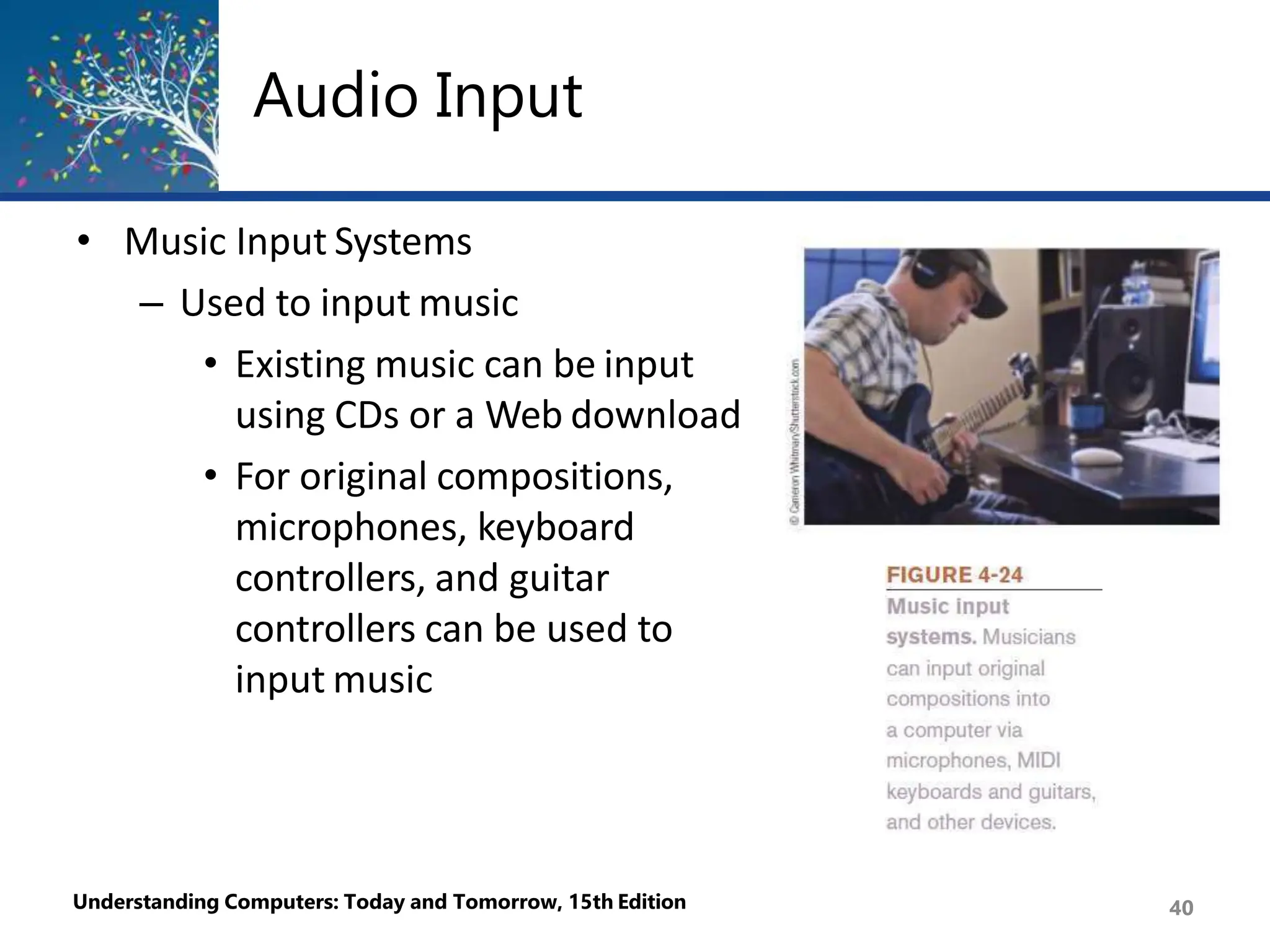 Audio Input
• Music Input Systems
– Used to input music
• Existing music can be input
using CDs or a Web download
• For original compositions,
microphones, keyboard
controllers, and guitar
controllers can be used to
input music
Understanding Computers: Today and Tomorrow, 15th Edition 40
 