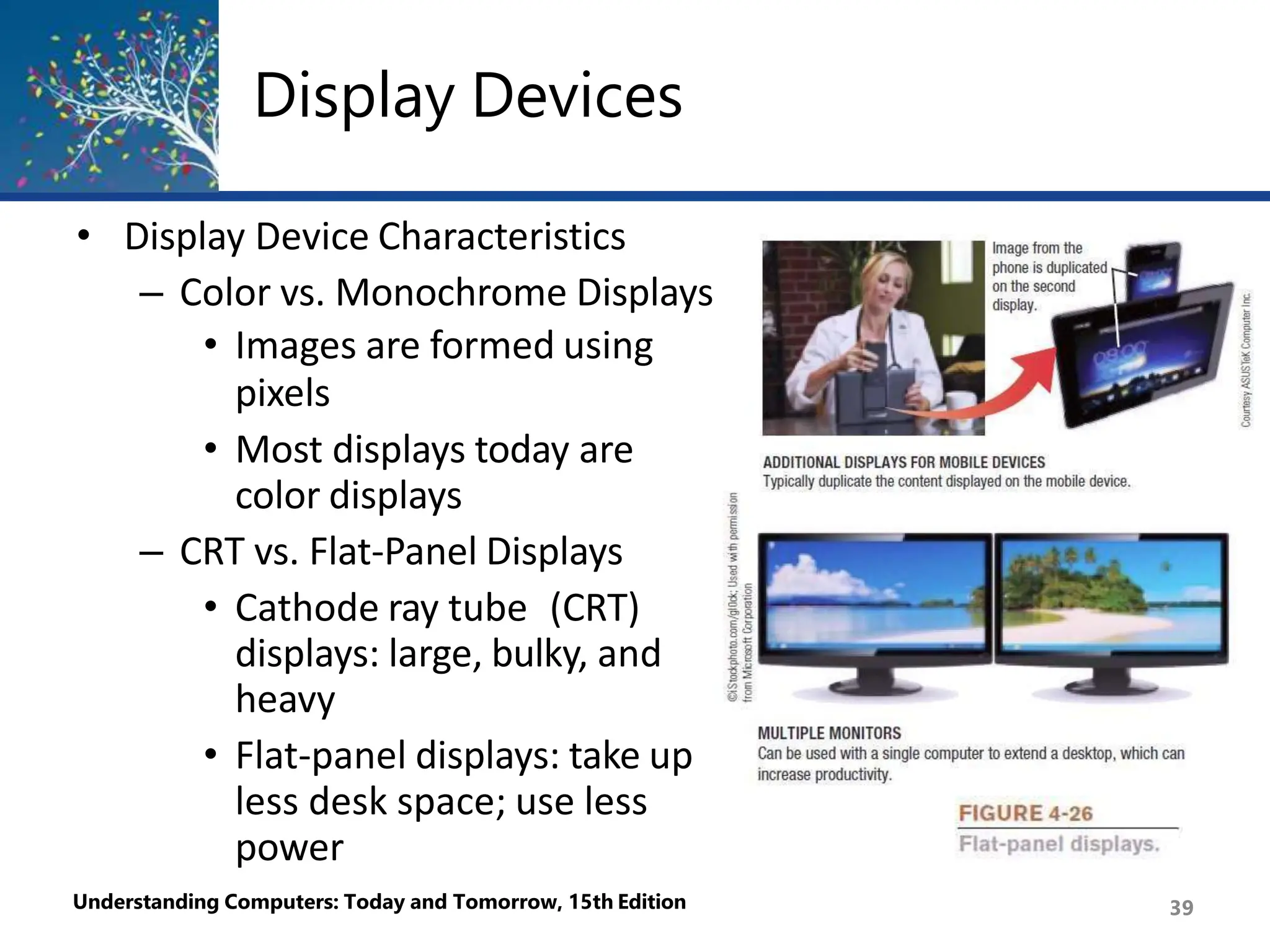 Display Devices
• Display Device Characteristics
– Color vs. Monochrome Displays
• Images are formed using
pixels
• Most displays today are
color displays
– CRT vs. Flat-Panel Displays
• Cathode ray tube (CRT)
displays: large, bulky, and
heavy
• Flat-panel displays: take up
less desk space; use less
power
Understanding Computers: Today and Tomorrow, 15th Edition 39
 