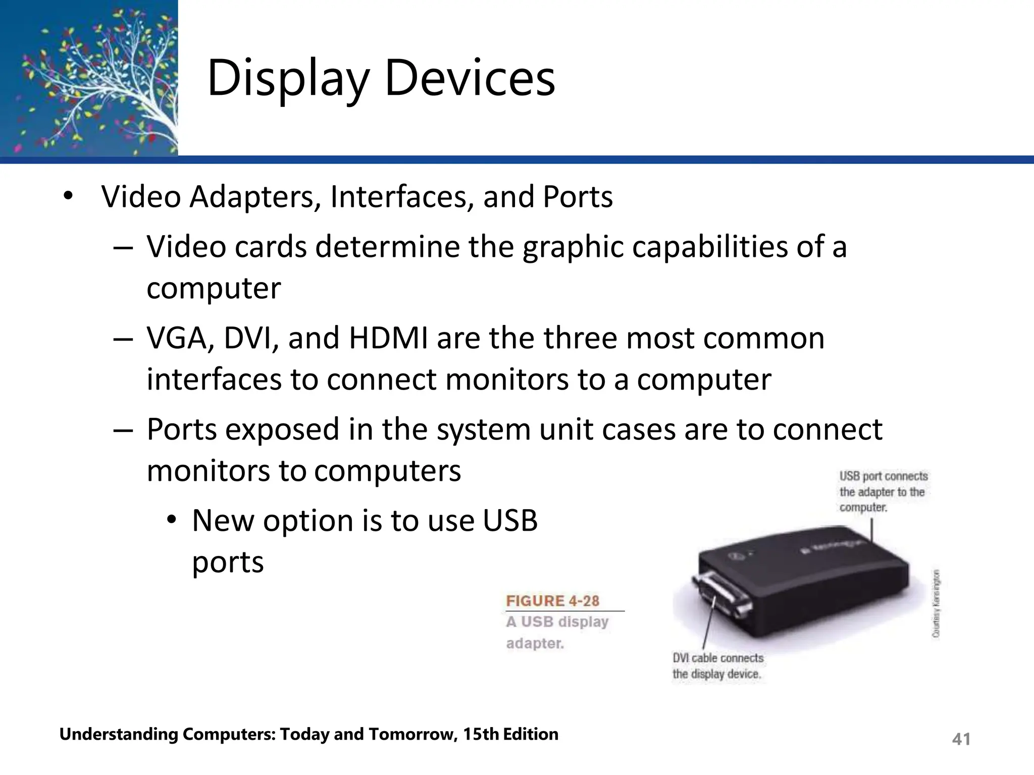 Display Devices
• Video Adapters, Interfaces, and Ports
– Video cards determine the graphic capabilities of a
computer
– VGA, DVI, and HDMI are the three most common
interfaces to connect monitors to a computer
– Ports exposed in the system unit cases are to connect
monitors to computers
• New option is to use USB
ports
Understanding Computers: Today and Tomorrow, 15th Edition 41
 