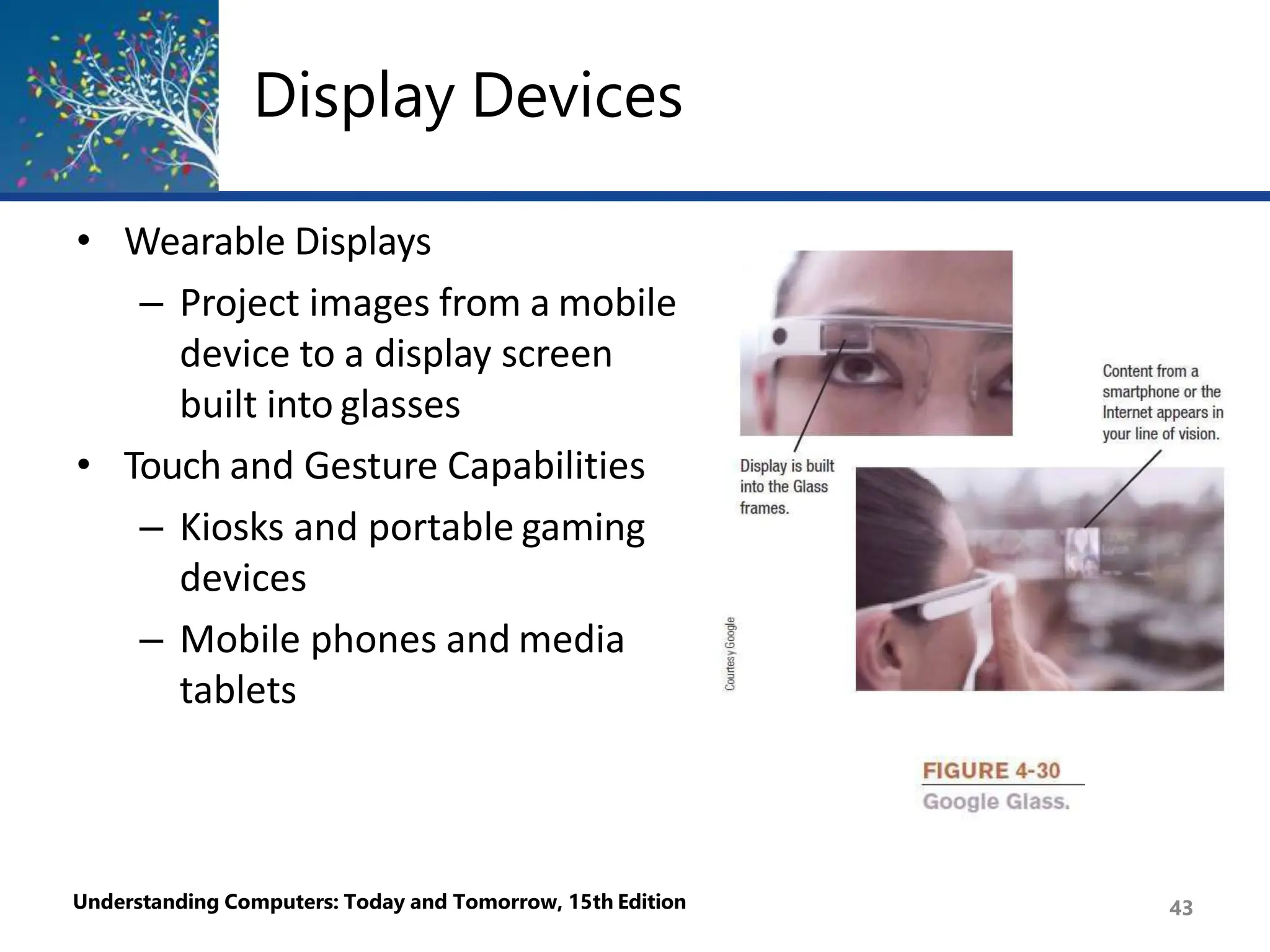 Display Devices
• Wearable Displays
– Project images from a mobile
device to a display screen
built into glasses
• Touch and Gesture Capabilities
– Kiosks and portable gaming
devices
– Mobile phones and media
tablets
Understanding Computers: Today and Tomorrow, 15th Edition 43
 