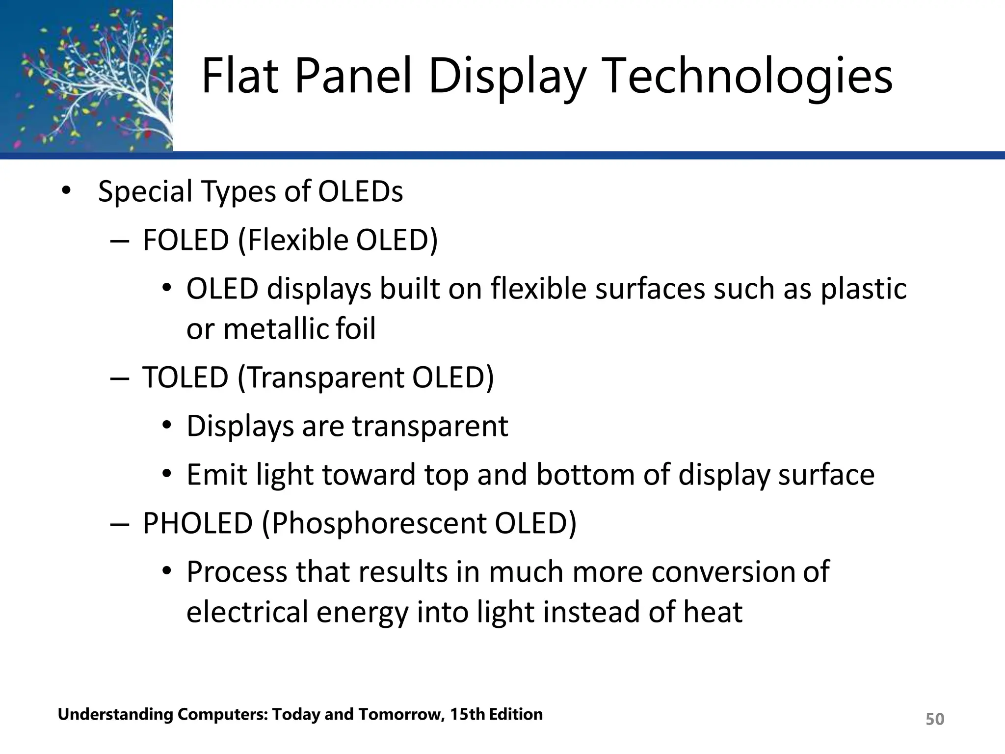 Flat Panel Display Technologies
Understanding Computers: Today and Tomorrow, 15th Edition 50
• Special Types of OLEDs
– FOLED (Flexible OLED)
• OLED displays built on flexible surfaces such as plastic
or metallic foil
– TOLED (Transparent OLED)
• Displays are transparent
• Emit light toward top and bottom of display surface
– PHOLED (Phosphorescent OLED)
• Process that results in much more conversion of
electrical energy into light instead of heat
 