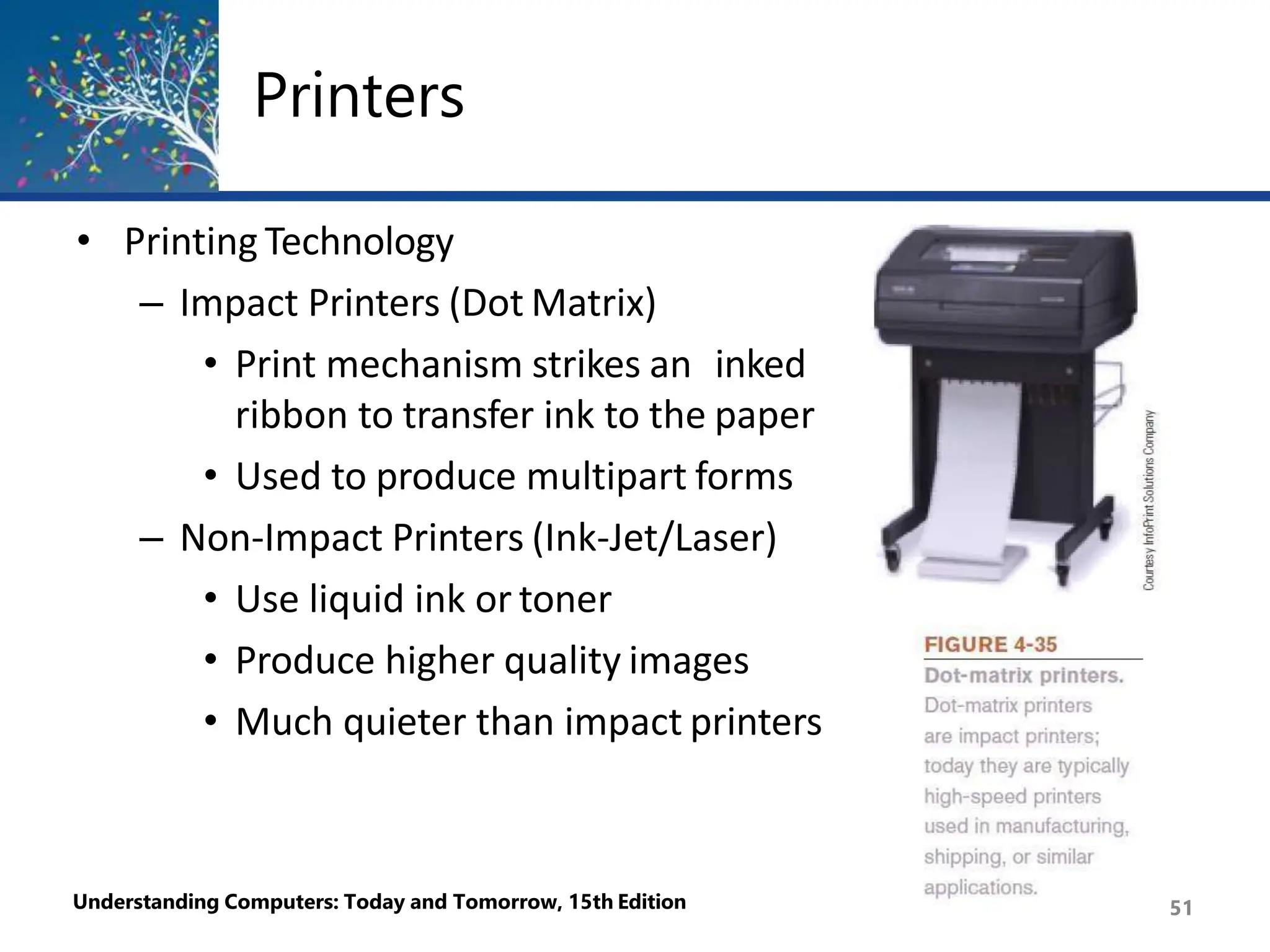 Printers
• Printing Technology
– Impact Printers (Dot Matrix)
• Print mechanism strikes an inked
ribbon to transfer ink to the paper
• Used to produce multipart forms
– Non-Impact Printers (Ink-Jet/Laser)
• Use liquid ink or toner
• Produce higher quality images
• Much quieter than impact printers
Understanding Computers: Today and Tomorrow, 15th Edition 51
 