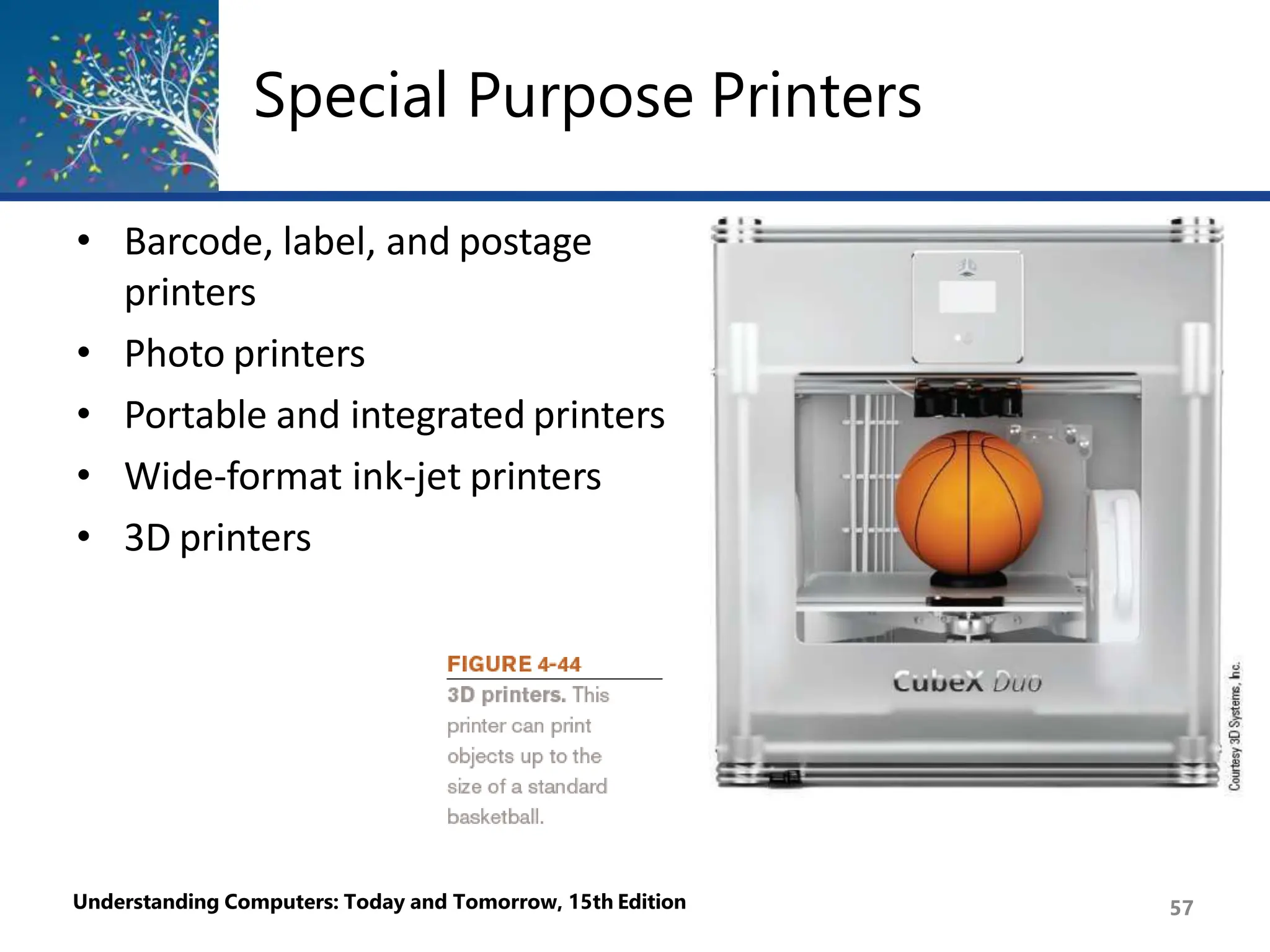 Special Purpose Printers
• Barcode, label, and postage
printers
• Photo printers
• Portable and integrated printers
• Wide-format ink-jet printers
• 3D printers
Understanding Computers: Today and Tomorrow, 15th Edition 57
 