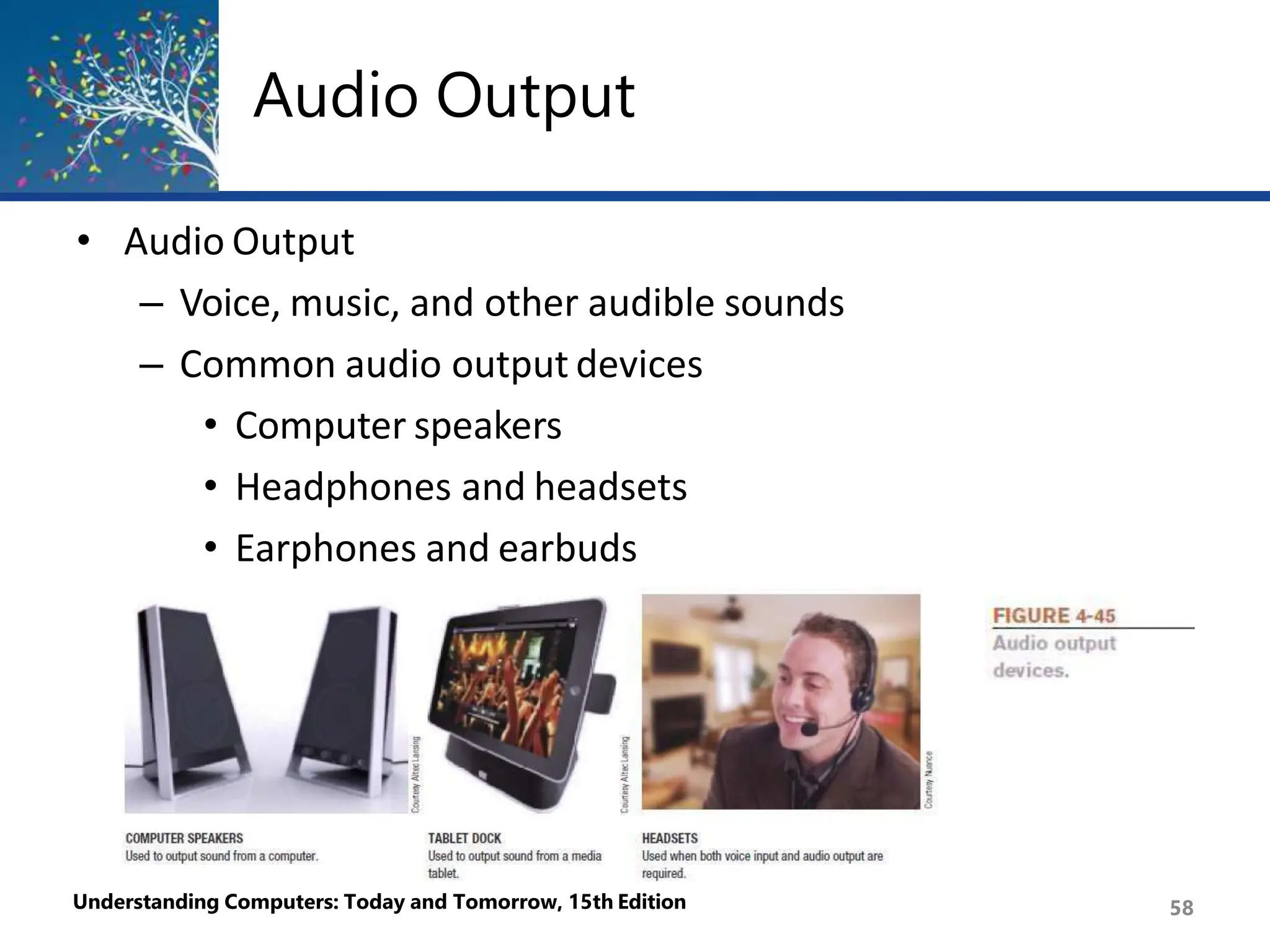 Audio Output
• Audio Output
– Voice, music, and other audible sounds
– Common audio output devices
• Computer speakers
• Headphones and headsets
• Earphones and earbuds
Understanding Computers: Today and Tomorrow, 15th Edition 58
 