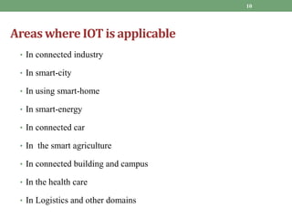 Areas where IOT is applicable
• In connected industry
• In smart-city
• In using smart-home
• In smart-energy
• In connected car
• In the smart agriculture
• In connected building and campus
• In the health care
• In Logistics and other domains
10
 