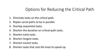 Options for Reducing the Critical Path
1. Eliminate tasks on the critical path.
2. Replan serial paths to be in parallel.
3. Overlap sequential tasks.
4. Shorten the duration on critical path tasks.
5. Shorten early tasks.
6. Shorten longest tasks.
7. Shorten easiest tasks.
8. Shorten tasks that cost the least to speed up.
 
