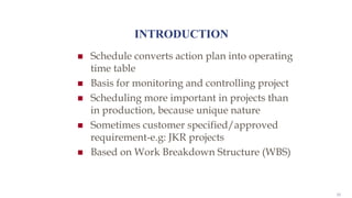 23
INTRODUCTION
 Schedule converts action plan into operating
time table
 Basis for monitoring and controlling project
 Scheduling more important in projects than
in production, because unique nature
 Sometimes customer specified/approved
requirement-e.g: JKR projects
 Based on Work Breakdown Structure (WBS)
 