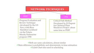 24
NETWORK TECHNIQUES
PERT CPM
-Program Evaluation and
Review Technique
- developed by the US
Navy with Booz
Hamilton Lockheed
- on the Polaris
Missile/Submarine
program 1958
Critical Path Method
Developed by El Dupont
for Chemical Plant
Shutdown Project- about
same time as PERT
Both use same calculations, almost similar
Main difference is probabilistic and deterministic in time estimation
Gantt Chart also used in scheduling
 