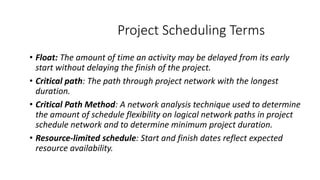 Project Scheduling Terms
• Float: The amount of time an activity may be delayed from its early
start without delaying the finish of the project.
• Critical path: The path through project network with the longest
duration.
• Critical Path Method: A network analysis technique used to determine
the amount of schedule flexibility on logical network paths in project
schedule network and to determine minimum project duration.
• Resource-limited schedule: Start and finish dates reflect expected
resource availability.
 