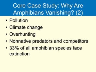 Core Case Study: Why Are
Amphibians Vanishing? (2)
• Pollution
• Climate change
• Overhunting
• Nonnative predators and competitors
• 33% of all amphibian species face
extinction
 