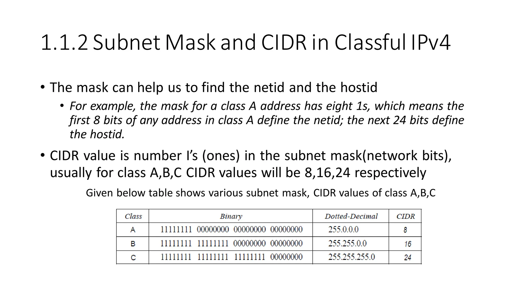 1.1.2 Subnet Mask and CIDR in Classful IPv4
• The mask can help us to find the netid and the hostid
• For example, the mask for a class A address has eight 1s, which means the
first 8 bits of any address in class A define the netid; the next 24 bits define
the hostid.
• CIDR value is number I’s (ones) in the subnet mask(network bits),
usually for class A,B,C CIDR values will be 8,16,24 respectively
Given below table shows various subnet mask, CIDR values of class A,B,C
 