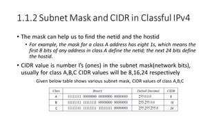 1.1.2 Subnet Mask and CIDR in Classful IPv4
• The mask can help us to find the netid and the hostid
• For example, the mask for a class A address has eight 1s, which means the
first 8 bits of any address in class A define the netid; the next 24 bits define
the hostid.
• CIDR value is number I’s (ones) in the subnet mask(network bits),
usually for class A,B,C CIDR values will be 8,16,24 respectively
Given below table shows various subnet mask, CIDR values of class A,B,C
 