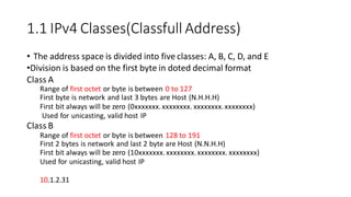 1.1 IPv4 Classes(Classfull Address)
• The address space is divided into five classes: A, B, C, D, and E
•Division is based on the first byte in doted decimal format
Class A
Range of first octet or byte is between 0 to 127
First byte is network and last 3 bytes are Host (N.H.H.H)
First bit always will be zero (0xxxxxxx.xxxxxxxx. xxxxxxxx.xxxxxxxx)
Used for unicasting, valid host IP
Class B
Range of first octet or byte is between 128 to 191
First 2 bytes is network and last 2 byte are Host (N.N.H.H)
First bit always will be zero (10xxxxxxx.xxxxxxxx.xxxxxxxx. xxxxxxxx)
Used for unicasting, valid host IP
10.1.2.31
 