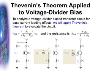 Thevenin’s Theorem Applied
to Voltage-Divider Bias
To analyze a voltage-divider biased transistor circuit for
base current loading effects, we will apply Thevenin’s
theorem to evaluate the circuit.
and the resistance is
 