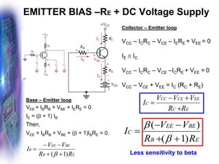 EMITTER BIAS –RE + DC Voltage Supply
E
B
BE
EE
B
R
R
V
V
I
)
1
( +
+
−
−
=

E
C
EE
CE
CC
C
R
R
V
V
V
I
+
+
−
=
Base – Emitter loop
VEE + IBRB + VBE + IERE = 0
IE = ( + 1) IB
Then,
VEE + IBRB + VBE + ( + 1)IBRE = 0.
Less sensitivity to beta
E
B
BE
EE
C
R
R
V
V
I
)
1
(
)
(
+
+
−
−
=


Collector – Emitter loop
VCC – ICRC – VCE – IERE + VEE = 0
IE  IC
VCC – ICRC – VCE –ICRE + VEE = 0
VCC – VCE + VEE = IC (RC + RE)
 