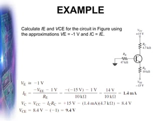 EXAMPLE
Calculate IE and VCE for the circuit in Figure using
the approximations VE = -1 V and IC = IE.
 
